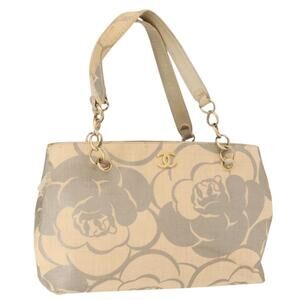 CHANEL Camelia Tote Bag Straw Beige Gold CC Auth 157274